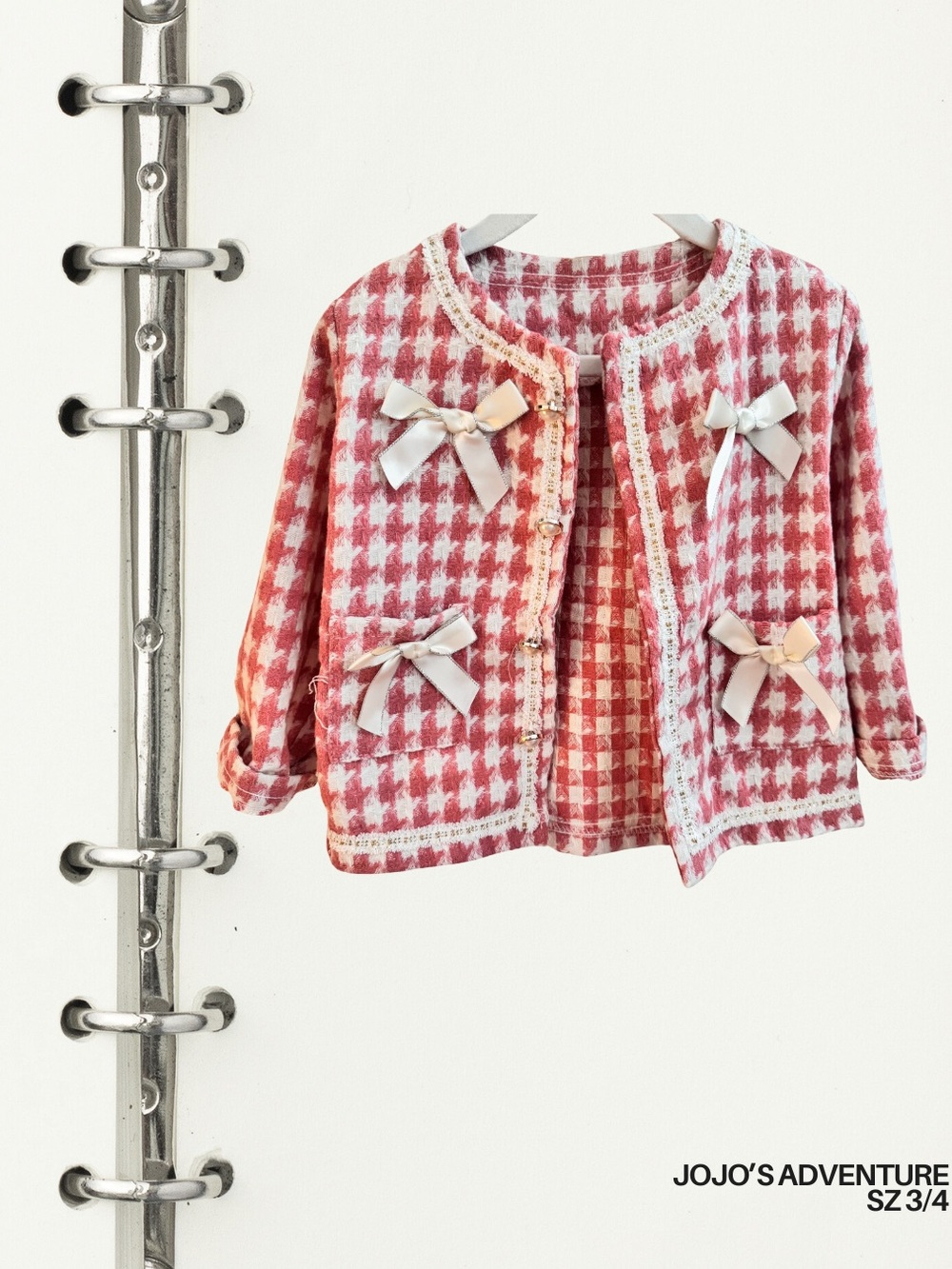 Pink Houndstooth Girls' Jacket with Bows